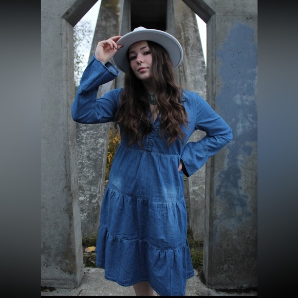 Flounce Sleeve Layered Hem Denim Dress - Picture 2 of 3